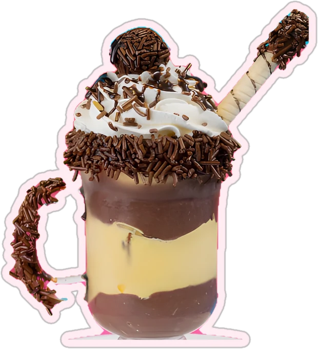 Caneca com camadas de sorvete de chocolate e creme, chantilly, granulado e brigadeiro